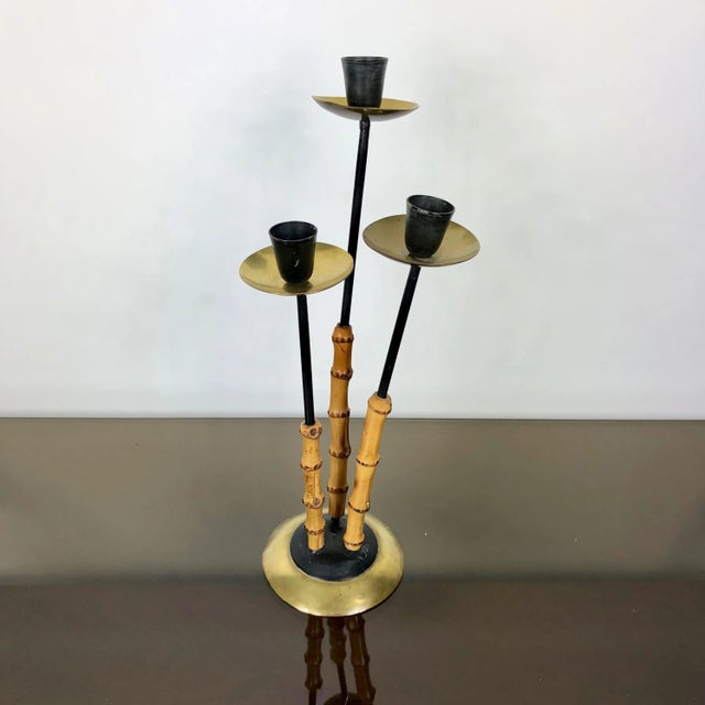 Bamboo & Brass Candleholder, Italy, 1970s For Sale - Image 3 of 8