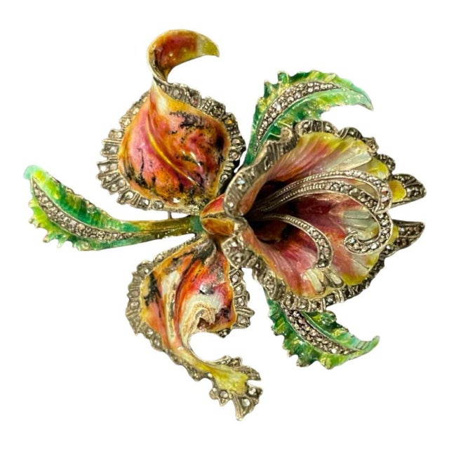 Mid-Century Silver Enamelled Orchid or Iris Flower Brooch For Sale - Image 15 of 15