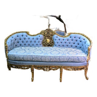 Grand French Louis XV 3-Seater Sofa in Celeste Blue Damask With Hand-Carved Gold Leaf Frame & Tufted Back For Sale