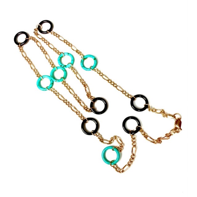 2010s 14k Yellow Gold Italian Onyx & Turquoise Circle Necklace 21" Length For Sale - Image 5 of 14