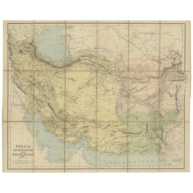 Antique map titled 'Persia, Afghanistan and Beloochistan'. Folding map on linen. Published circa 1900. Stamp below title.