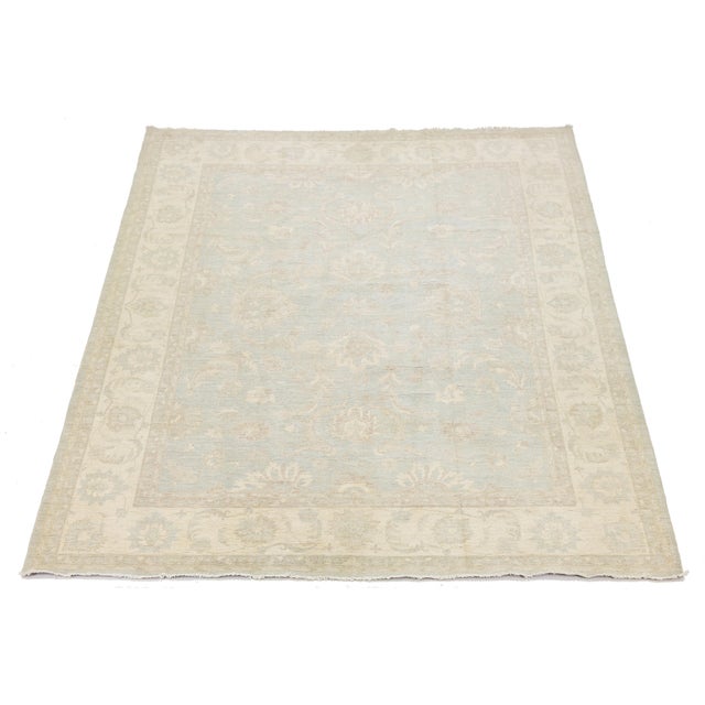 Modern Hand-Knotted Modern Peshawar Wool Rug – Muted Light Blue & Cream Floral Design For Sale - Image 3 of 11