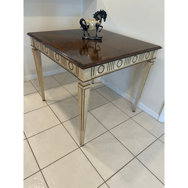 1960s Hollywood Regency Style Game Table by Heritage Furniture-Neoclassical Parquetry Side Table-Gilt Accented Square Dinner Table For Sale - Image 10 of 11
