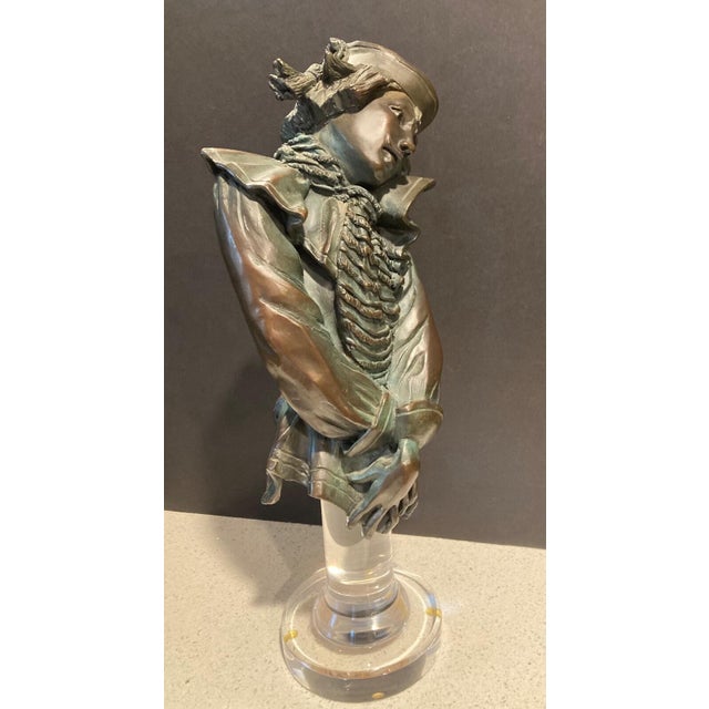 Bronze Pierrot signed BEV '85, 2 OF 3 , on acrylic stand, 17 1/2"h x 5"w In good used vintage condition.