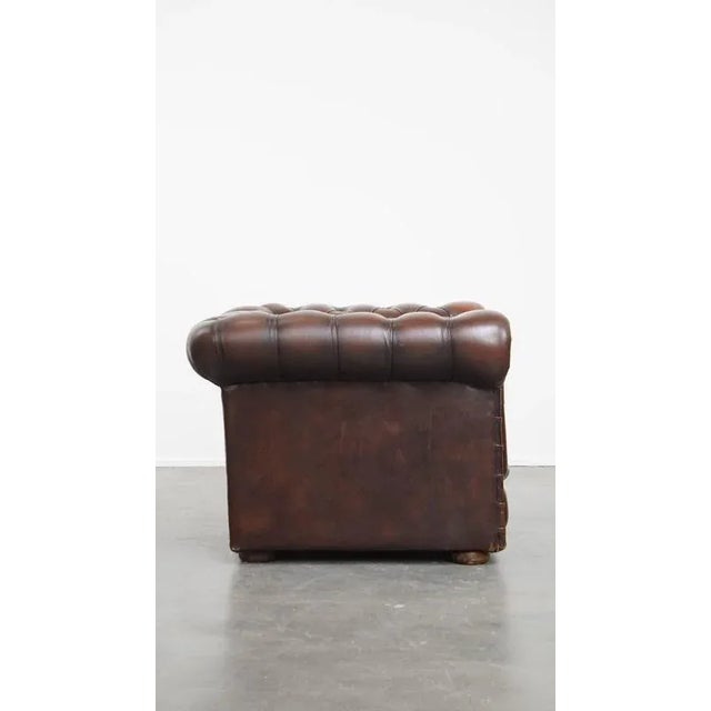 English Chesterfield Armchair in Dark Brown Cowhide with Decorative Studs For Sale - Image 3 of 16