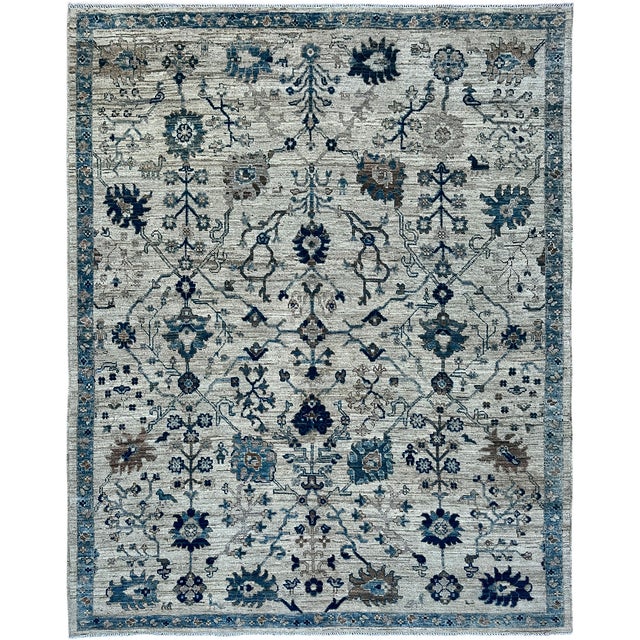 Boho Chic Oushak Handmade Wool Rug With Blue and Ivory Floral Design For Sale - Image 3 of 12