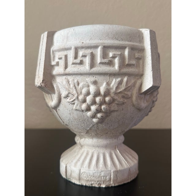 1960s Vintage Concrete Pedestal Urn Planters – Greek Key Grapevine Garden Jardinières - A Pair For Sale - Image 5 of 12