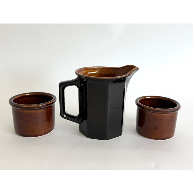 Vintage English pottery pitcher and 2 small bowls/cups in a brown and black color way. Cups, 3.7" x 2.5"H.