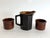 Vintage English pottery pitcher and 2 small bowls/cups in a brown and black color way. Cups, 3.7" x 2.5"H.