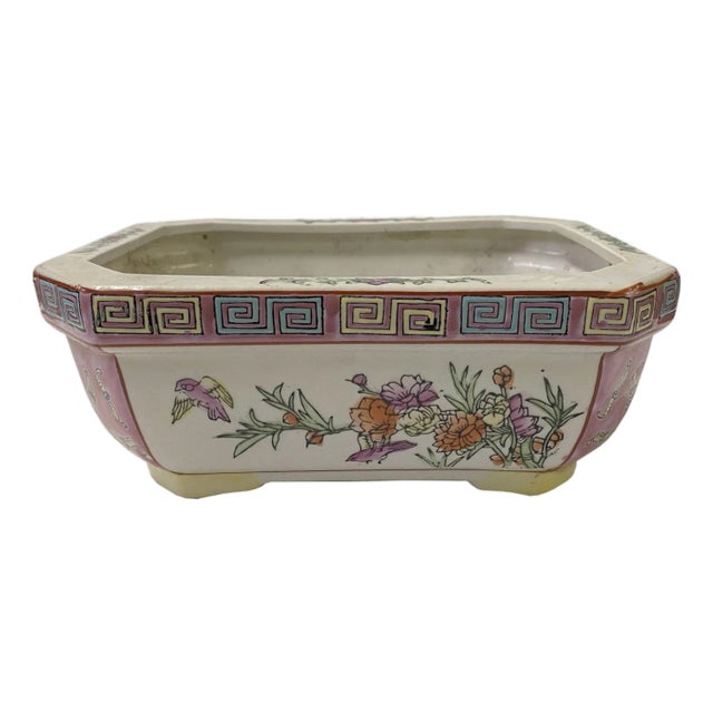 Vintage Chinese Pink White Floral Graphic Porcelain Rectangular Planter For Sale
