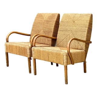 Vintage Japanese Wood and Twisted Jute Lounge Chairs - Pair For Sale