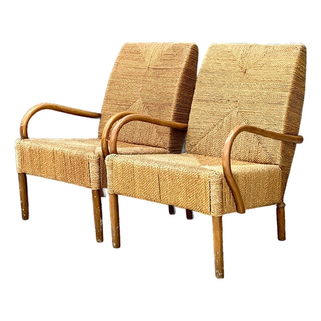Vintage Japanese Wood and Twisted Jute Lounge Chairs - Pair For Sale