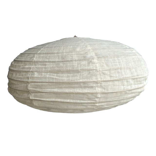 Large Oval Flattened Pendant Light in Rattan and Natural Linen, 1980s For Sale
