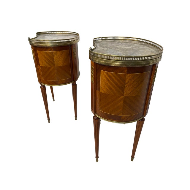 1930s Pair of Louis XVI Style End or Bedroom Side Tables With Marble and Brass Gallery Tops For Sale - Image 10 of 12