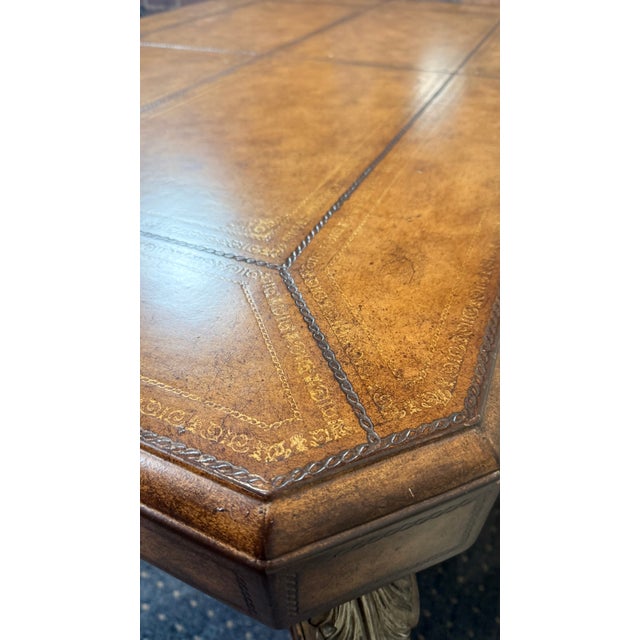 Vintage Spanish Revival Style Faux Leather Top Coffee Table With Pull-Out Drink Tray For Sale - Image 10 of 11