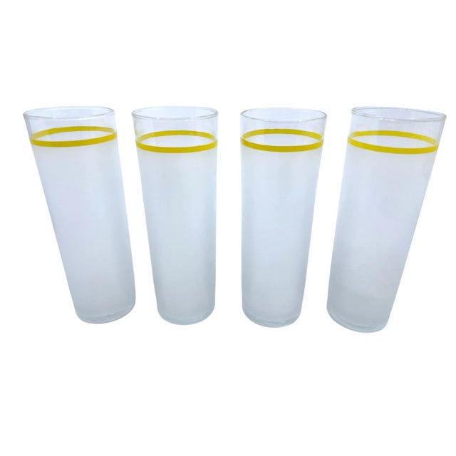 Vintage 1970s yellow stripe frosted glass tumblers. These tumblers are narrow and perfect for high balls. A set of four...