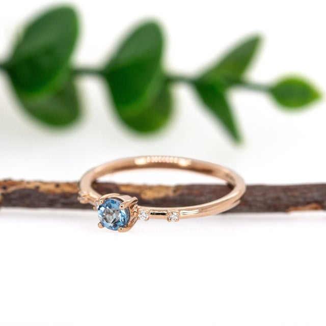 2020s Dainty Santa Maria Aquamarine Ring W Natural Diamond Accents in 14k Rose Gold, Size 6.75 For Sale - Image 5 of 8