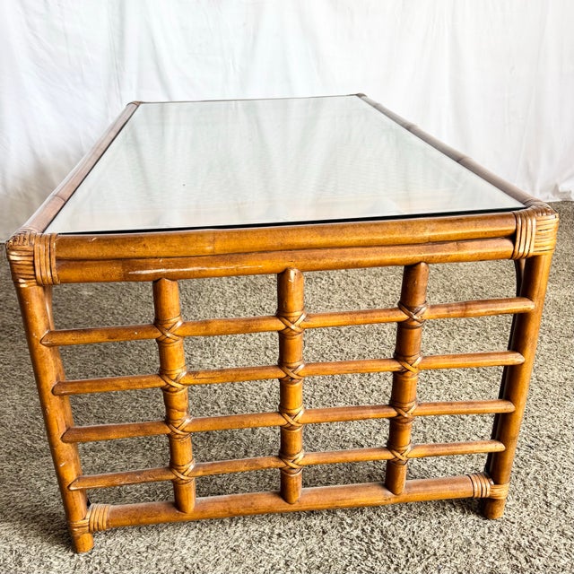 Brown Boho Chic Rattan and Wicker Inlaid Glass Top Coffee Table For Sale - Image 8 of 10