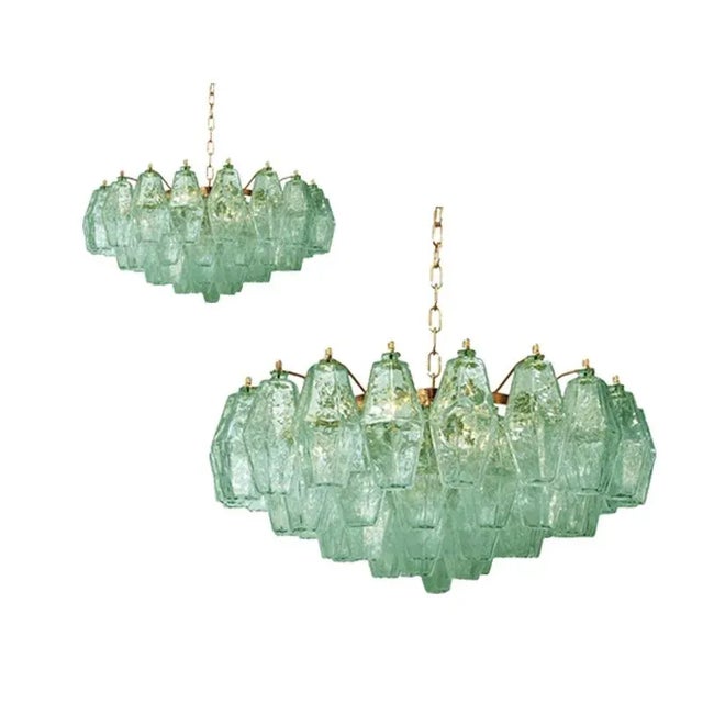 Contemporary Poliedro Murano Glass Green Chandeliers with Gold Metal Frame by Simoeng, Set of 2 For Sale - Image 3 of 3