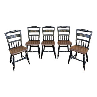 Vintage L. Hitchcock Rustic Farmhouse Stenciled Black and Maple Inn Dining Chairs - Set of 5 For Sale