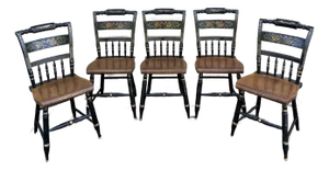 Vintage L. Hitchcock Rustic Farmhouse Stenciled Black and Maple Inn Dining Chairs - Set of 5