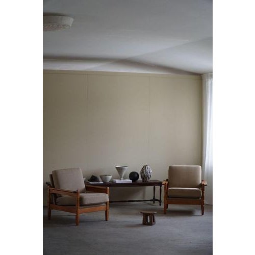 Gray Set of Danish Modern Lounge Chairs in Oak & Linen by Henning Kjærnulf, 1960s For Sale - Image 8 of 18