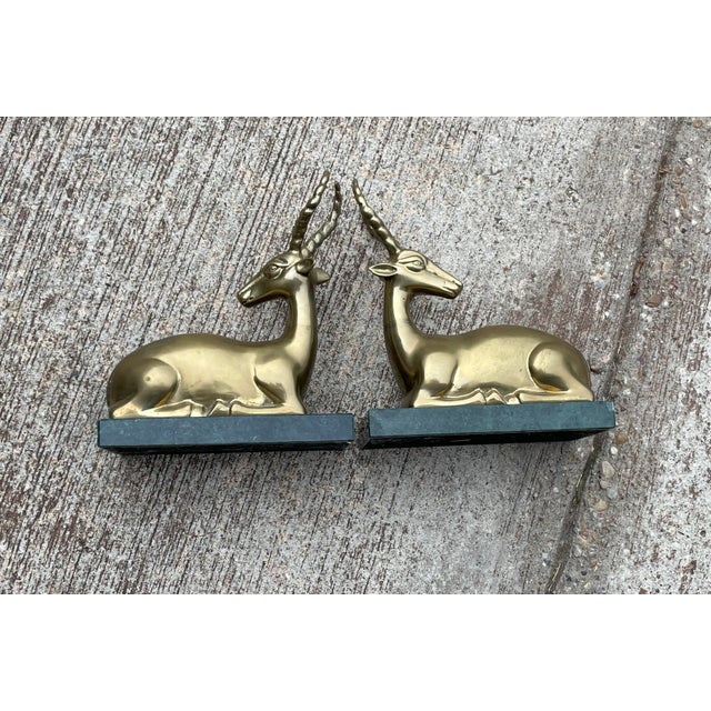Brass Laying Ibex Marble Bookends For Sale - Image 9 of 9