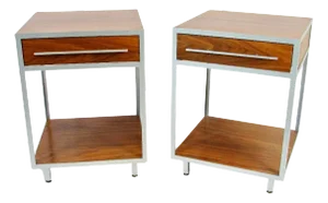 Pair of Mueller Widdicomb Minimalist Aluminum Frame Walnut Night Stands