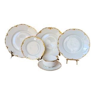 Antique Haviland Limoges European White & Gold Porcelain Dinnerware Set – Habsburg Austria & Racine Bavaria – - 43 pcs For Sale