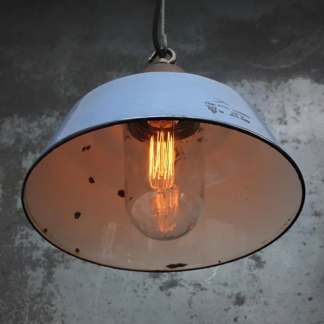 Industrial Vintage Industrial Blue Enamel, Clear Glass and Cast Iron Pendant Light For Sale - Image 3 of 6