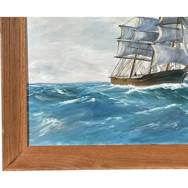 Vintage Mid Century Maritime Clipper Ship Framed Original Seascape Oil Painting For Sale - Image 9 of 13