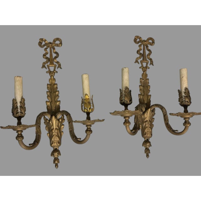 Pair of Vintage Two Light Gilt Metal Candelabra Wall Sconces Lamps For Sale - Image 9 of 9