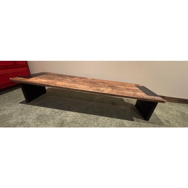 Artisan Reclaimed Wood Coffee Table With Black Block Legs – Hand-Crafted Bench Style – Oversized For Sale In Los Angeles - Image 6 of 11