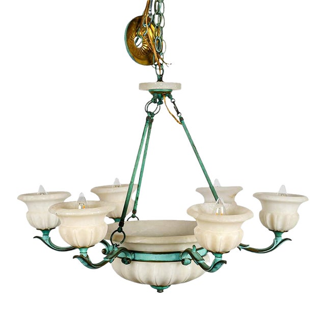 Bronze Verdigris & Alabaster Six-Light Tulip Chandelier, European, Circa 1925 For Sale