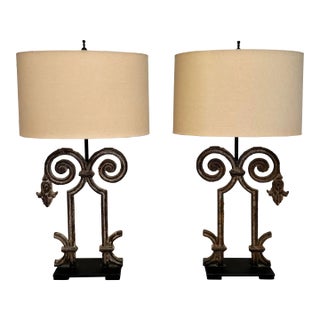 Vintage Old World Wrought Iron Architectural Element Table W/Custom Shade Lamps, a Pair For Sale
