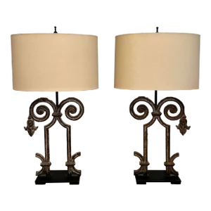 Vintage Rustic Farmhouse Wrought Iron Architectural Element Table Lamps, a Pair