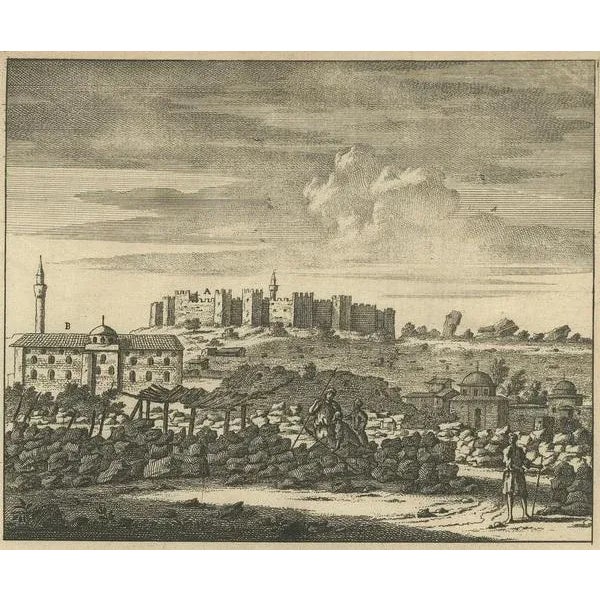: Antique print with two views of Ephesus, Greece, an ancient Greek city, and later a major Roman city, on the west coast...