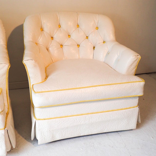 Hollywood Regency White/Yellow Tufted Swivel Club Chairs a Pair