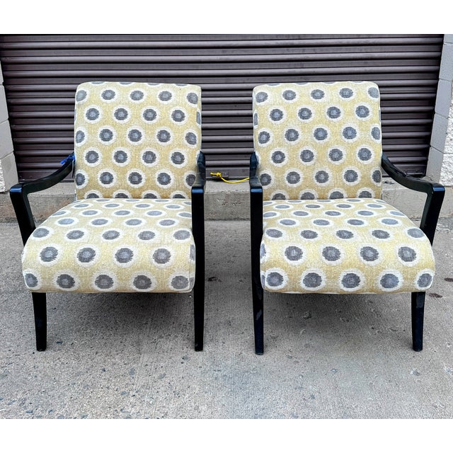 A pair of Sam Moore by Hooker Furniture "Dante" exposed wood contemporary chair, in modern yellow and gray upholstery,...