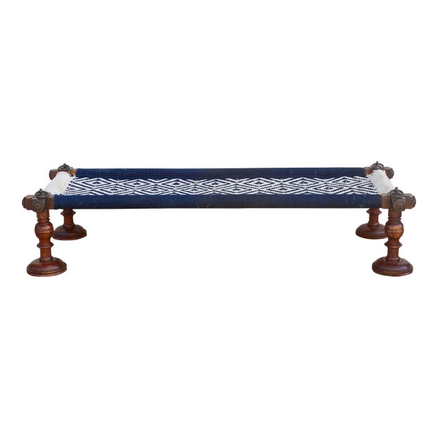 Long Blue & White Woven Charpai Bench For Sale