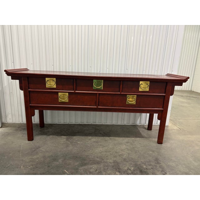 Offered is a solid wood sideboard credenza in the original factory finish. This piece features dovetailed, smooth gliding...