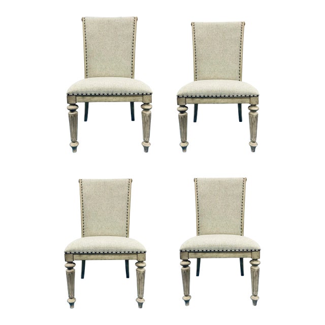 Transitional French Style Linen Dining Chairs Set of 4 For Sale
