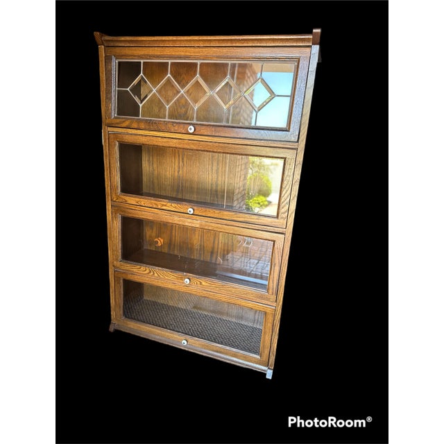 Mid-Century Modern Mid Century Oak Wood Barrister Bookcase Lawyers Four Shelves Glass Doors Antique Vintage For Sale - Image 3 of 12