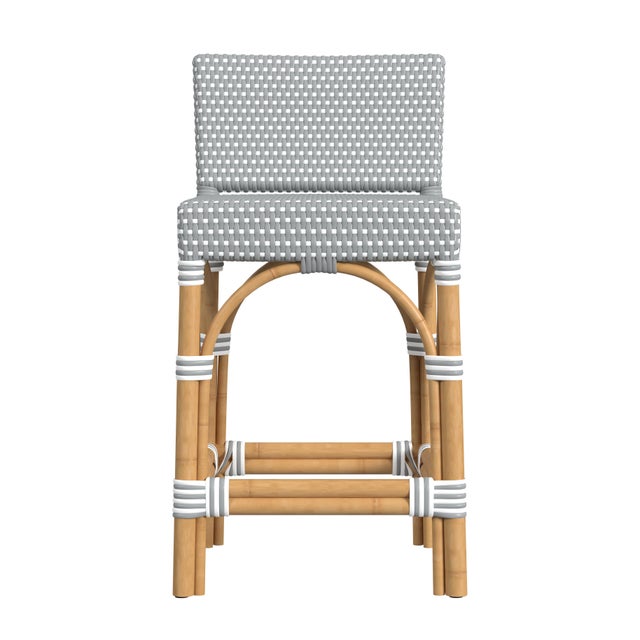 Spritely Home Accent Furniture Serienna 24.5 in. Seat Height Rectangular Rattan Low Back Counter Stool, Gray/White Dot / Natural Rattan Frame For Sale - Image 4 of 8