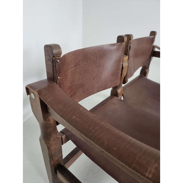 Spanish Brutalist Safari Bench in Brown Leather For Sale - Image 6 of 14