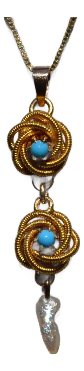 The Ellersie: Ladies 14K Yellow Gold Natural Pearl and Turquoise Pendant