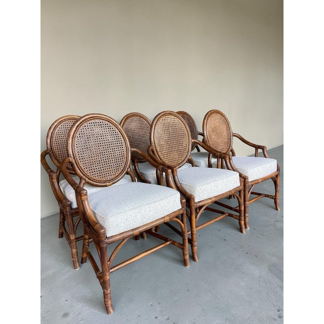 Vintage Rattan & Cane Oval-Back Dining Chairs, Newly Upholstered | Set of 6 For Sale In Naples, FL - Image 6 of 15