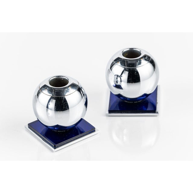1930s Art Deco Chrome and Cobalt Blue Candleholders by Walter Von Nessen for Chase, 1930s For Sale - Image 5 of 14