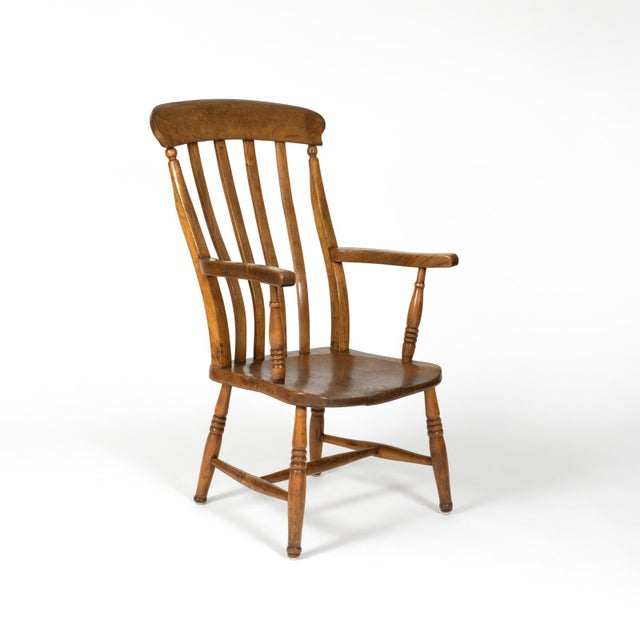 Late 19th Century English Elm Vertical Slat Back Armchair Circa 1890 With Turned Legs and H-Stretcher For Sale - Image 5 of 13