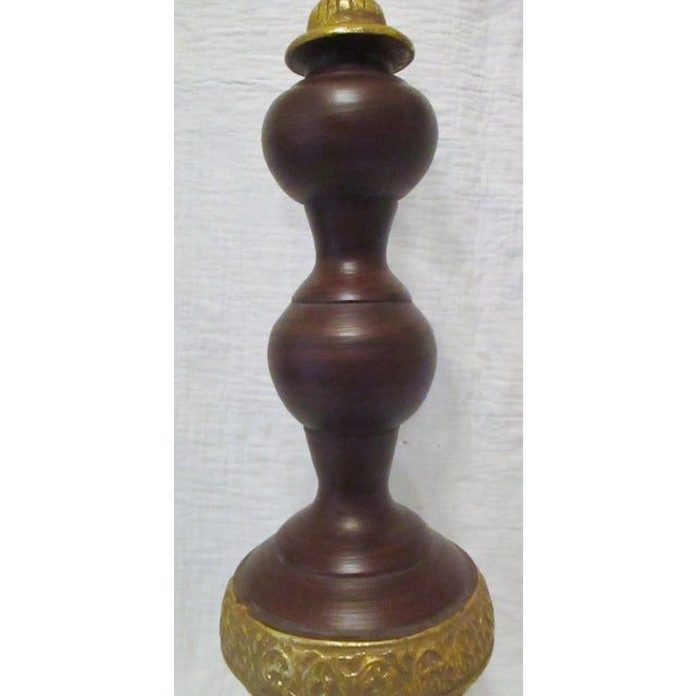 Modern Vintage Tall Brown Turned Wood & Gold Metal Tripod Decorative Table Art For Sale - Image 3 of 10